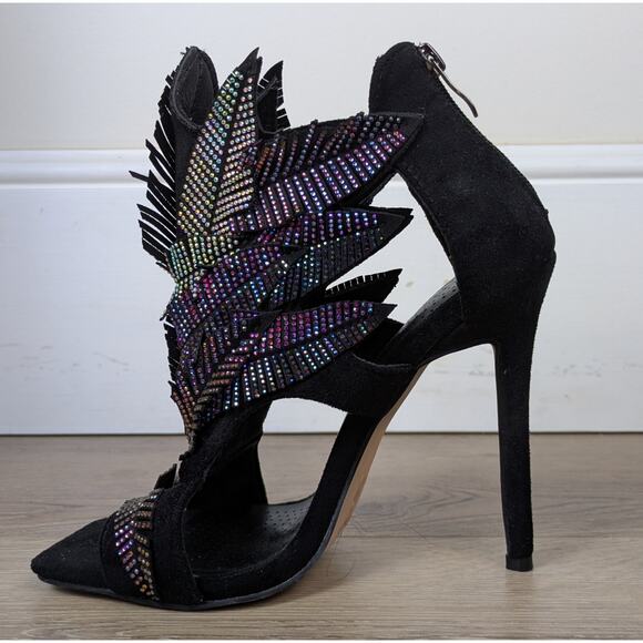 Azalea Wang Lianna Bootie Heels 6 Black Multicolor Crystal Feather Applique Glam - Picture 2 of 11